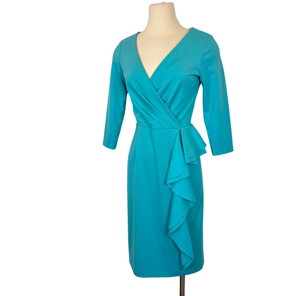 Teri Jon by Rickie Freeman Teal Sheath Dress V-Neckline Ruffle Detail Teal 4